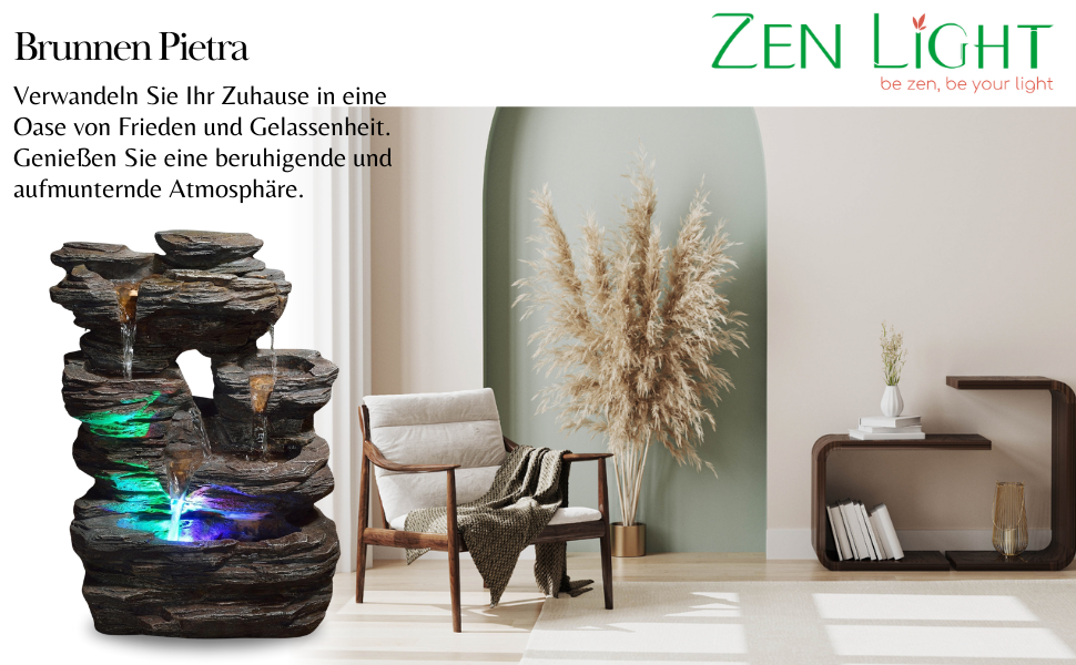Декоративний настільний фонтан Zen’Light Pietra з ефектом каменю, кольоровою підсвіткою та штучного каменю для медитації та релаксу, 35 см
