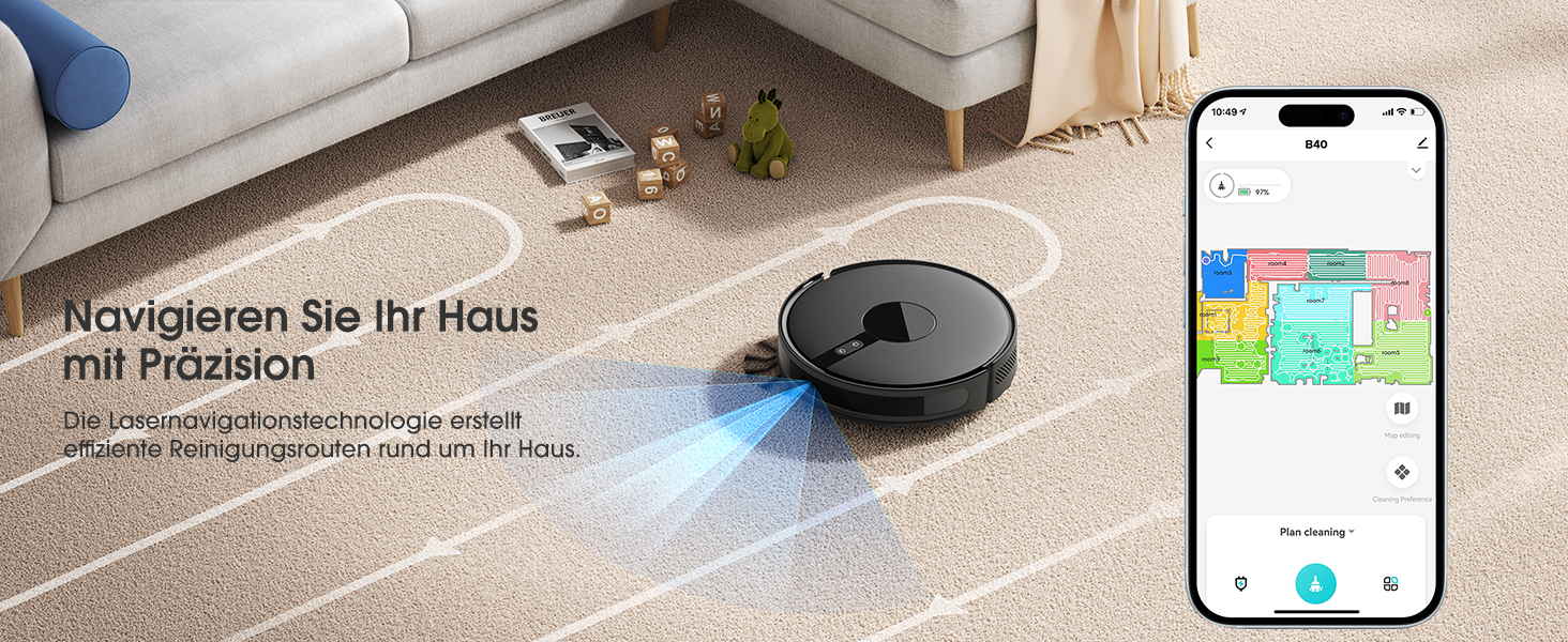 Робот-пилосос BPMIO з функцією миття підлоги та станцією самоочищення, потужність всмоктування 6500Pa, навігація LiDAR, час роботи 180 хвилин, ідеально підходить для шерсті тварин, килима та твердих підлог (B40 Plus)