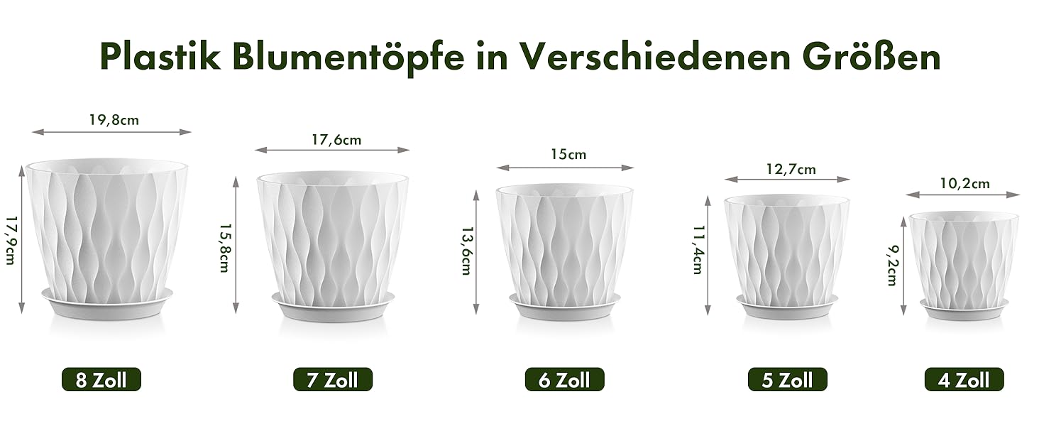 Набір горщиків для квітів 20 см, 5 шт. Чорні пластикові горщики з підставкою та дренажними отворами, 3D-текстура, для монстери, герані та кімнатних рослин, внутрішнє та зовнішнє використання