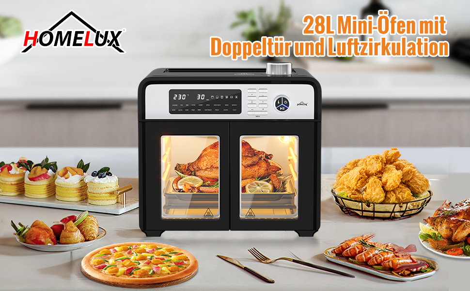 Міні-духовка HOMELUX Air Fryer XXL 28 л з конвекцією, фритюрниця 1700 Вт, 18 програм, 7 аксесуарів, включаючи гриль, подвійний вентилятор, мультипіч XXL без олії, конвекційну піч