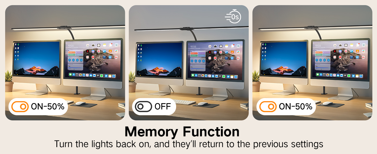 OUTON LED лампа для столу з двома головками, 85.5 см, 1600 люмен, сенсорне керування, регулювання яскравості, 5 температур кольору, таймер, пам'ять, захист очей, кріпиться за допомогою затискача, для офісу та дому, чорний