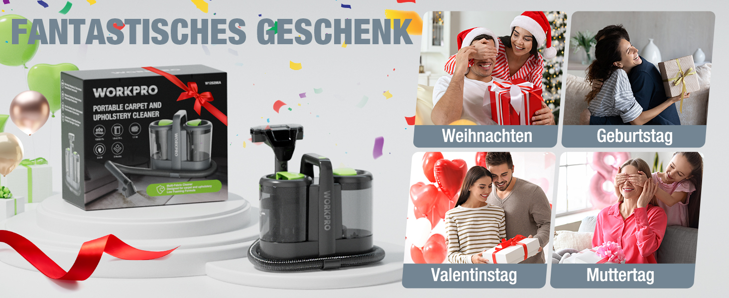 WORKPRO Мийний пилосос 450W 13kPa, 1.6L з миючим засобом та 2 насадками, для килимів, диванів, авто