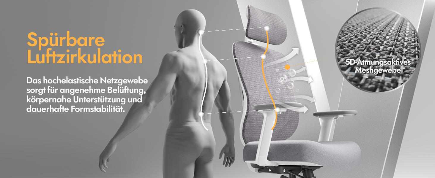 Ергономічне крісло для офісу та дому з 3D поперековою підтримкою та регульованими підлокітниками, біле