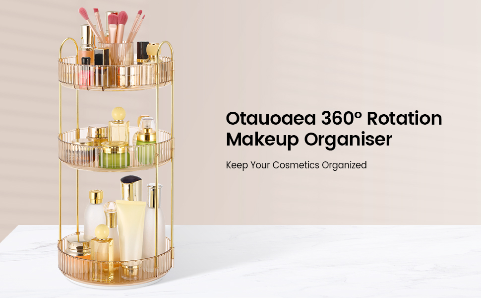 Органайзер Otauoaea Make Up, косметичний органайзер, що обертається на 360, з відділеннями великої місткості, багатофункціональний органайзер Макіяж для туалетного столика Ванна кімната Спальня (3 шари, бурштин) Бурштиновий 3 шар