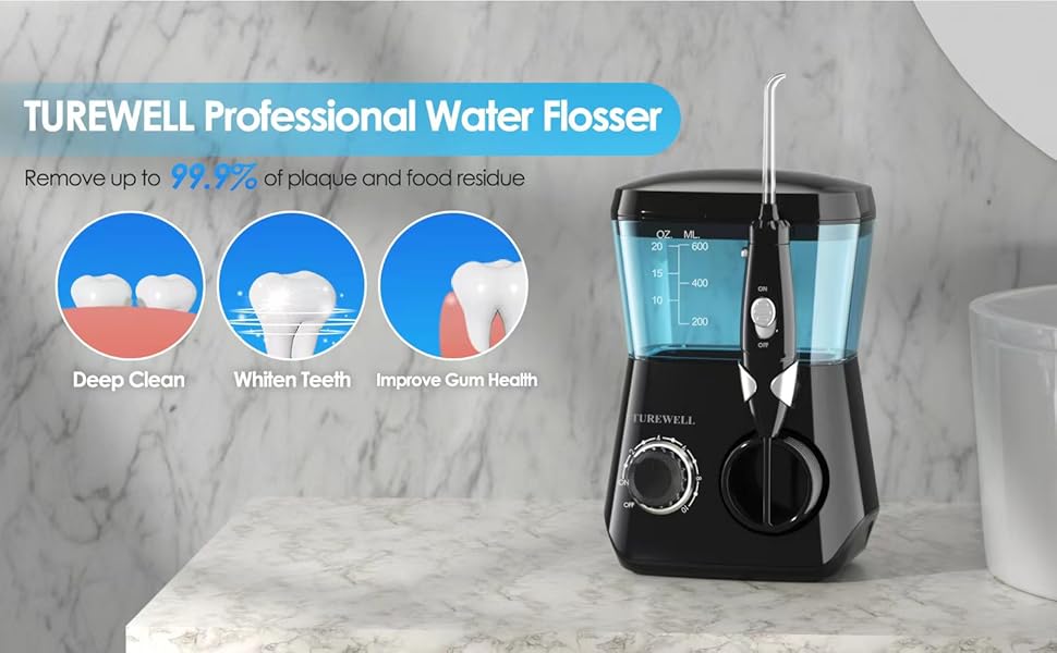 Електричний іригатор TUREWELL для ротової порожнини з 10 рівнями тиску та 8 насадками, IPX7, 600 мл, чорний