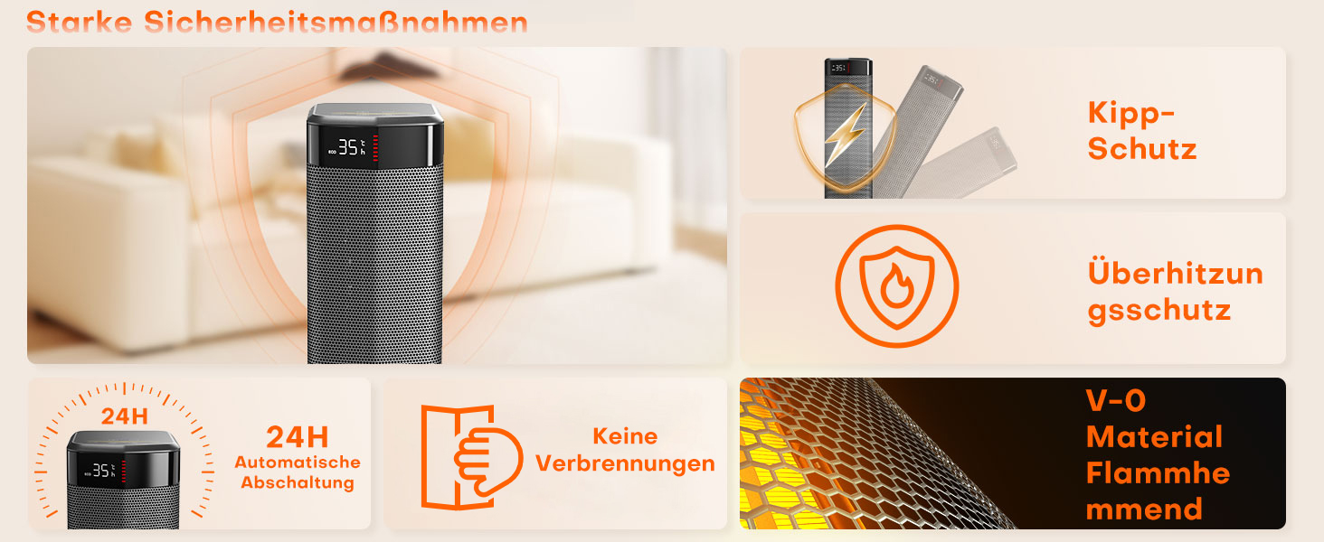 Електричний обігрівач 2000W з PTC-нагрівачем, 4 режими, ECO-режим, термостат, осциляція 90°, таймер 24 години, пульт дистанційного керування, захист від перекидання та перегріву для дому