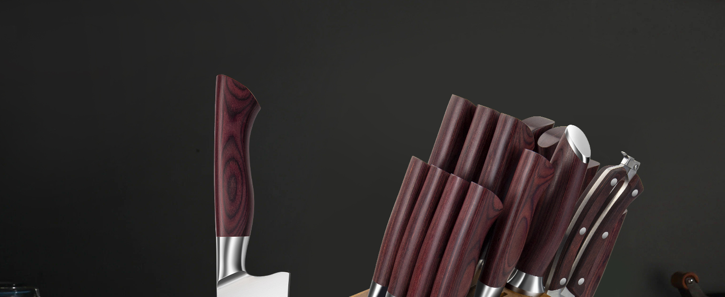 Набір ножів HOSHANHO 18 предметів з дерев'яним блоком, кухонний набір ножів з професійними лезами з високоякісної нержавіючої сталі