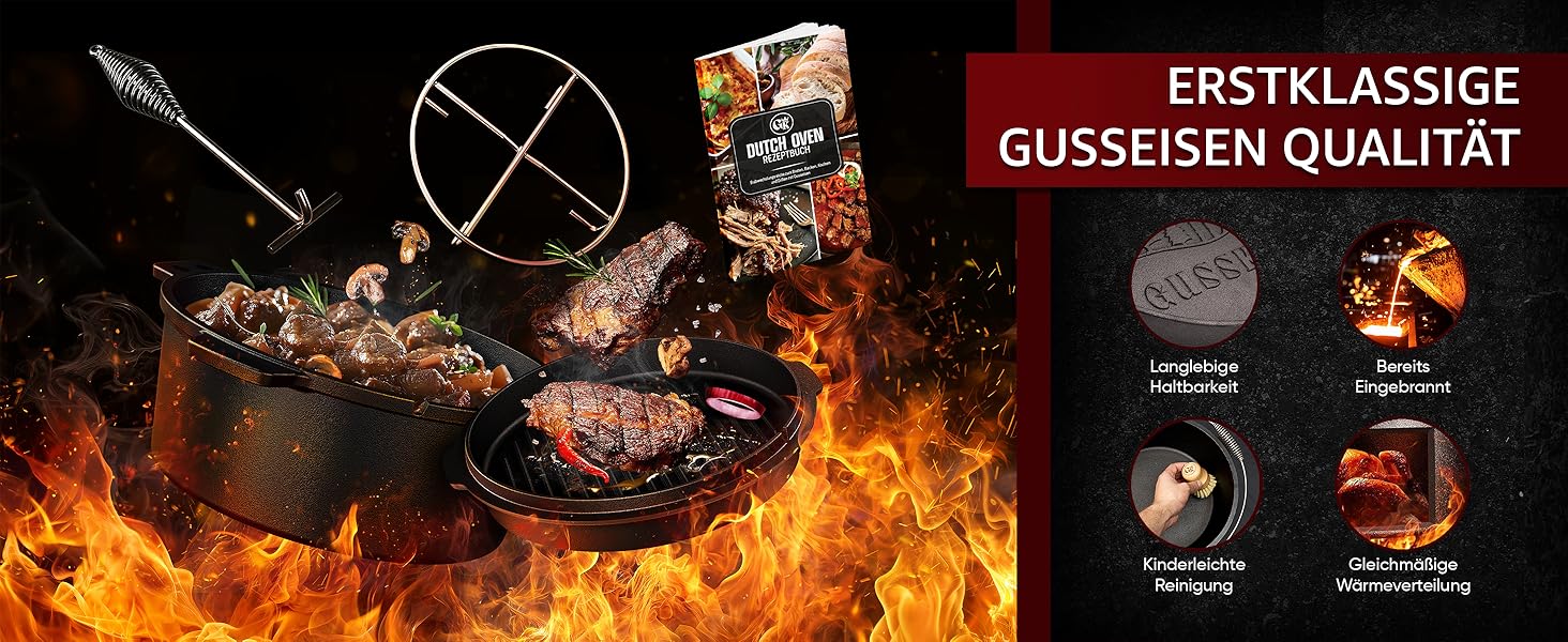 Набір чавунних казанів Essential Line для 3–6 осіб: казан 7,5 л та кришка 1,5 л, прожарений вогонь, з підйомником кришки, кільцем для чищення, пастою для догляду та книгою рецептів, гарантія 30 років