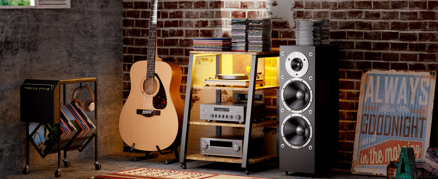 Стійка Lifewit HiFi з розетками, світлодіоди, дерево та сталь, регульовані полиці, 60x55x90 см
