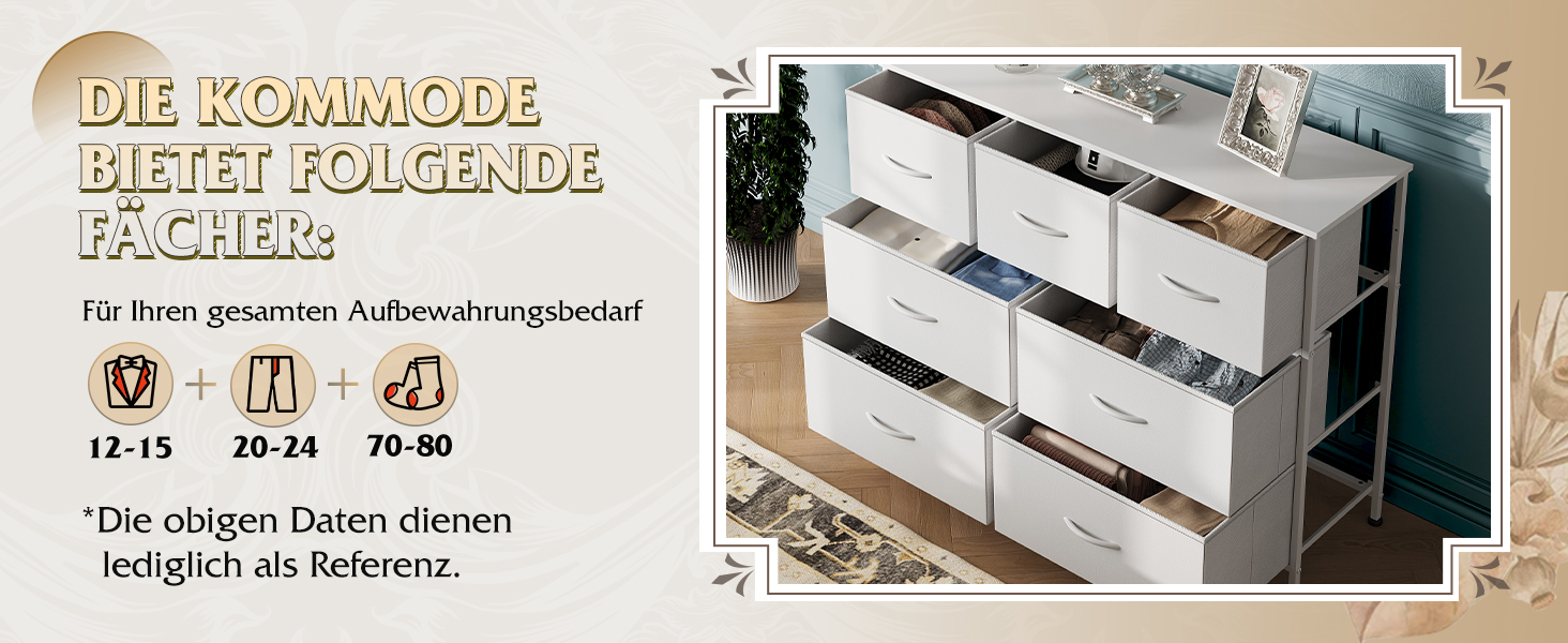 Комод WLIVE з 7 висувними ящиками з тканини, шафа-комод для спальні, комод у вітальню, зі стабільним сталевим каркасом, білий, 7 ящиків, білий