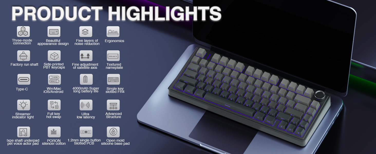 Механічна клавіатура AULA F75 PRO для геймінгу: бездротовий підключення 2.4GHz/BT5.0, Hot-Swap, QWERTY, сірий колір з градієнтом, 75%