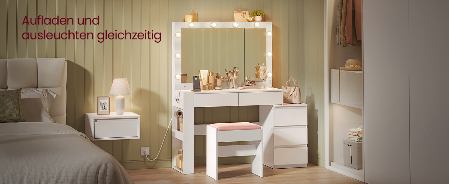 Трюмо VASAGLE з LED-підсвічуванням, дзеркалом та ящиками, 40 x 125 x 140 см, сучасний дизайн, колір