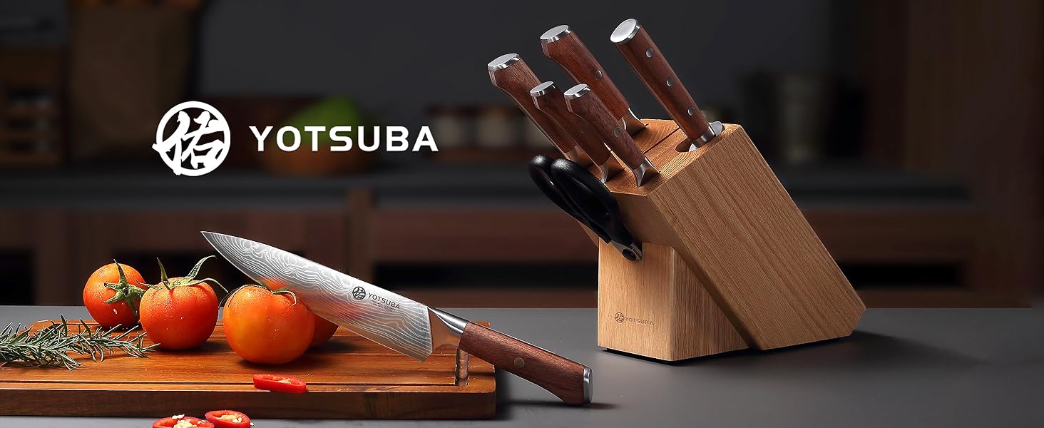 Набір кухонних ножів YOTSUBA 8 предметів з дерев'яним блоком, точилка, ножиці, кухонні ножі з нержавіючої сталі