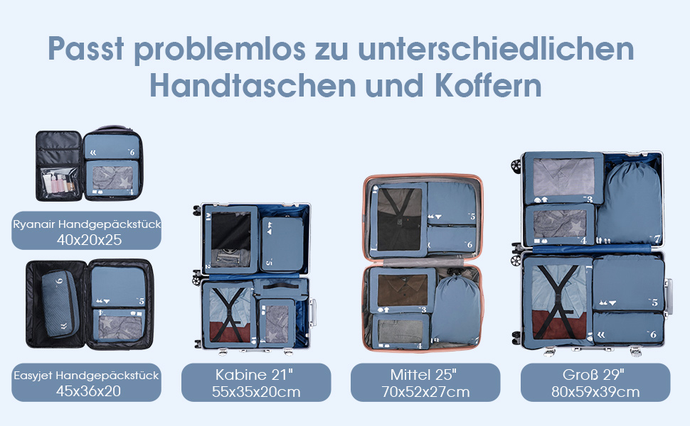 Набір органайзерів для валізи та рюкзака ECOHUB, 7 предметів, дорожні сумки-пакувальники з переробленого PET-пластику (Синій)