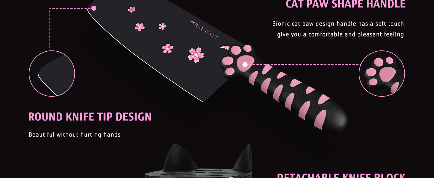 Набір кухонних ножів MeowKit 5 предметів з нержавіючої сталі, милий набір ножів з знімним блоком та ножицями, котяча форма, чорний, рожевий, рожевий