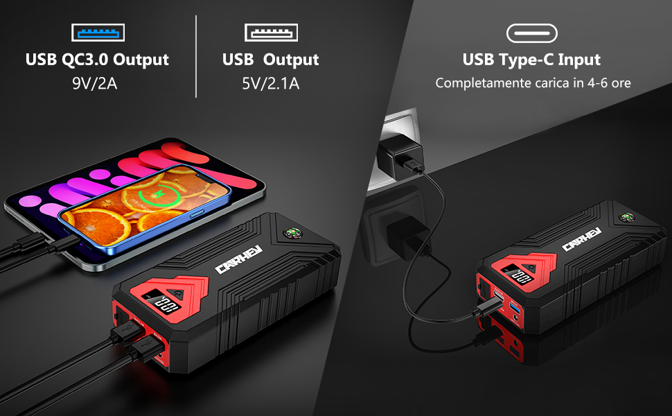 Бустер для авто CARHEV Jump Starter 3000A — Пусковий пристрій з LCD-дисплеєм для бензинових (до 8л) та дизельних (до 8л) двигунів, 12V Powerbank з USB швидкою зарядкою та LED-ліхтарем