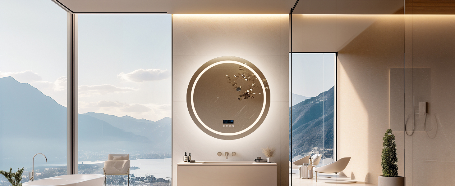 Дзеркало для ванної кімнати LUVODI круглої форми з підсвічуванням: LED дзеркало 60 см з фоновою та фронтальною підсвіткою, 3 кольори, регулювання яскравості, сенсорне управління, антизапар, енергозбереження, для ванної кімнати, гостьового туалету (Bluetooth, підсвічування, 80x80 см)
