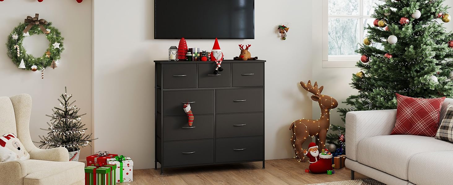 Комод Somdot з висувними ящиками, тканинний комод, комод для спальні, вітальні, передпокою, шафа для зберігання, 5 тканинних ящиків, білий колір (чорний, 30T x 100B x 96.5H см (9 ящиків))