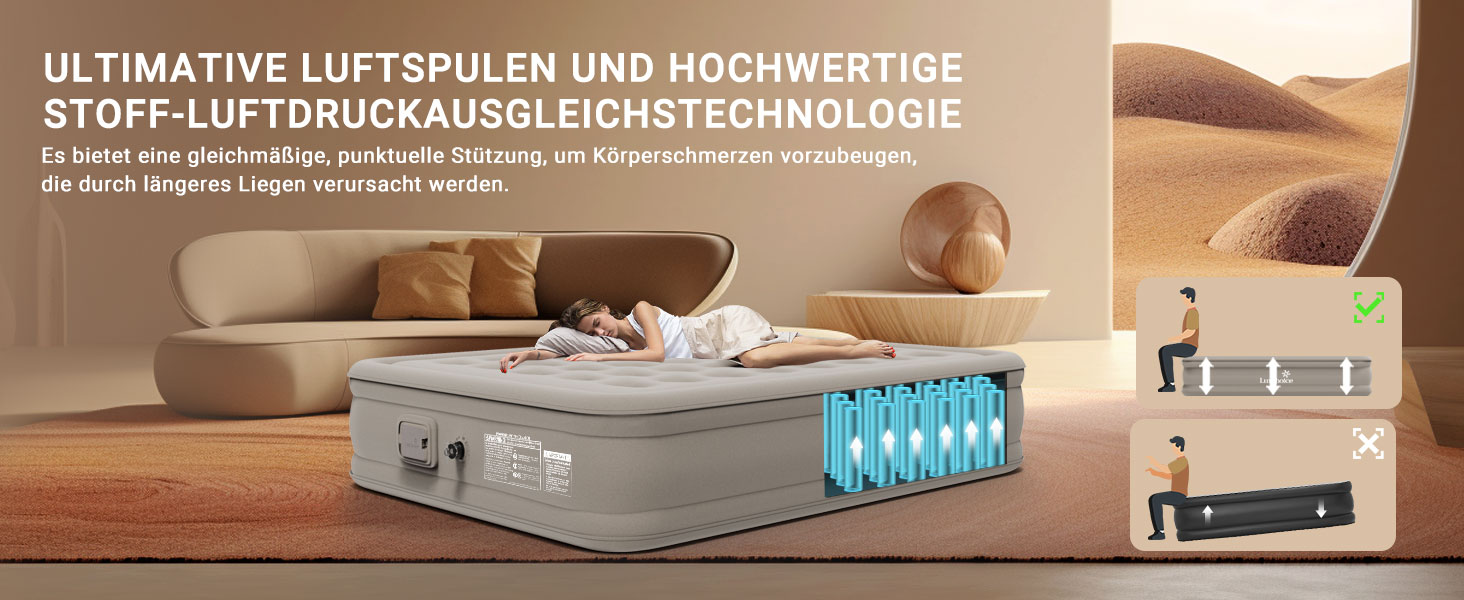 Надувне ліжко 2 персони, самонадувна повітряна матрац з портативним насосом, преміум тканина, антизносне та антишум, для кемпінгу або дому