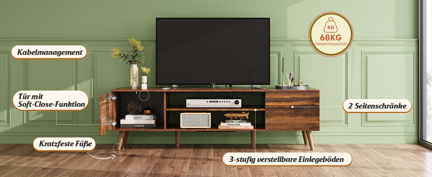 Тумба під телевізор WLIVE 160x40x47 см з двома дверцятами та відкритими полицями, вітальня, спальня, вінтажний коричнево-чорний