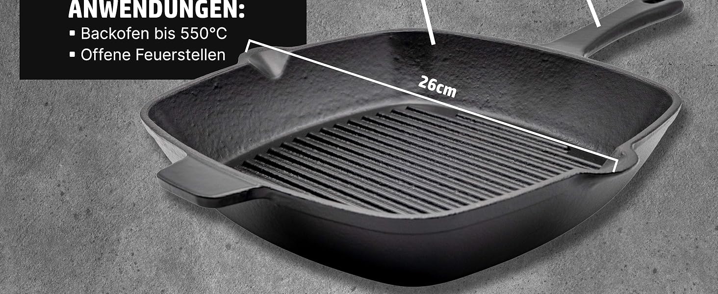 Сковорода-гриль HENSSELERS® з чавуну [26 см] для всіх типів плит та духовок, включаючи газові та індукційні плити. Антипригарна сковорода для стейків. Чотирикутна чавунна сковорода для гриля