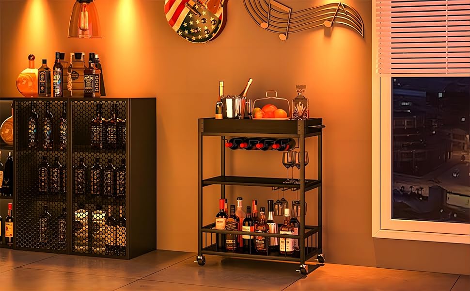 Сервізний візок Huhote з полицею для вина, барний візок, візок для напоїв, візок на колесах, візок для вина в їдальню, кухню, вітальню, бар, на вечірку, з імітацією текстури дерева (чорний, безіржавний кошик)