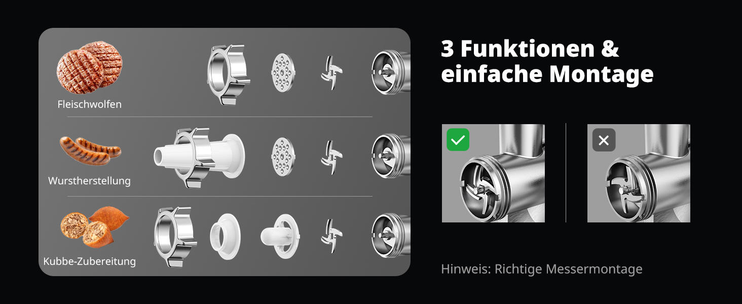Електрична м'ясоподрібнювач AIRMSEN з насадкою для ковбас, 2 леза з нержавіючої сталі, 3 диски, аксесуар Куб, тихий промисловий двигун, для дому, нержавіюча сталь