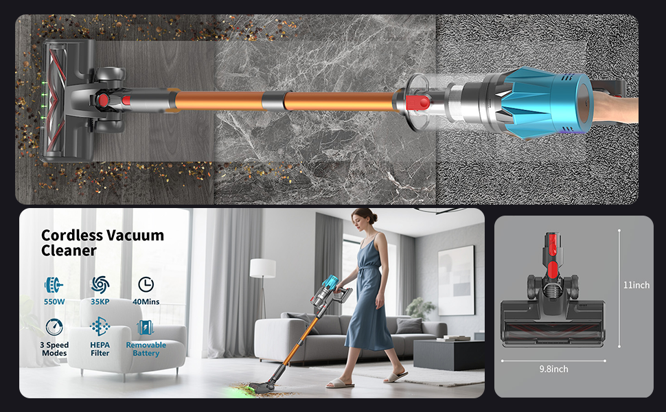 Bergxperten Orizom: Акумуляторний пилосос з автоматичним визначенням пилу, 60 хв роботи, без мішка, для килимів, твердих підлог та шерсті тварин, 550 Вт, оранжевий