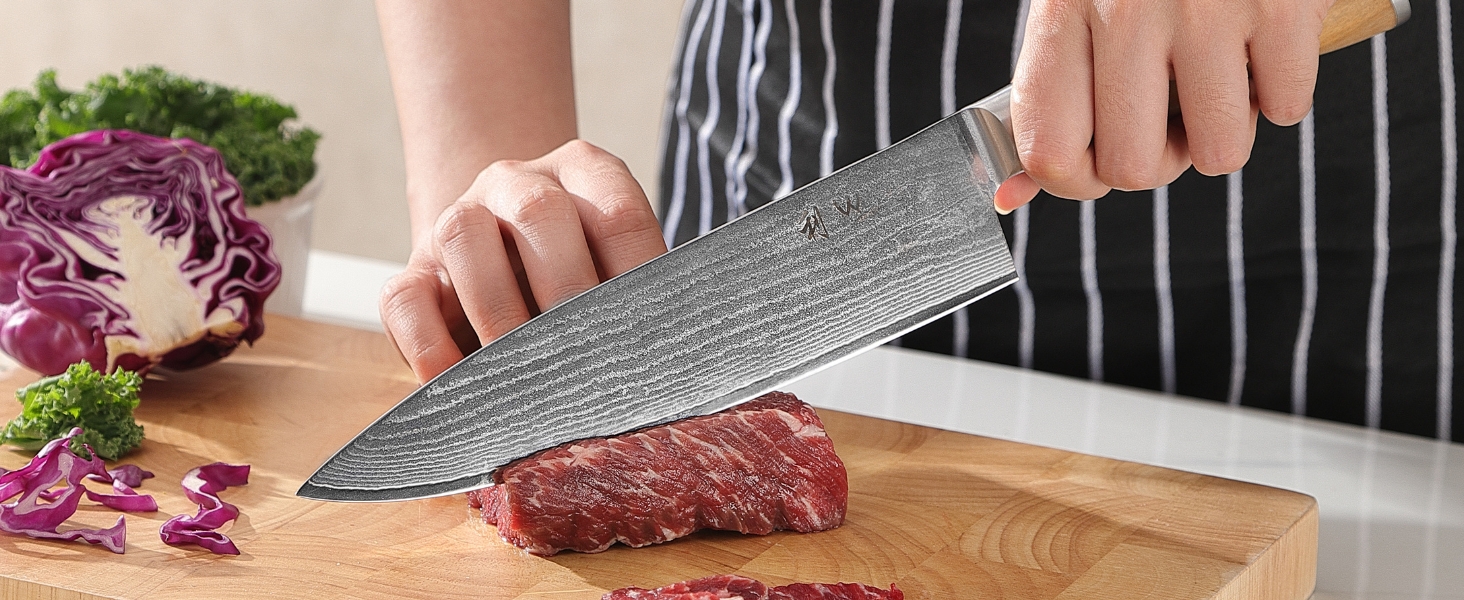 Ніж кухарський Wakoli з дамаської сталі (серцевина VG10) з 20 см лезом – гострий та збалансований – ніж з ручкою з оливкового дерева в подарунковій коробці – ніж кухонний з дамаської сталі для професіоналів та поціновувачів