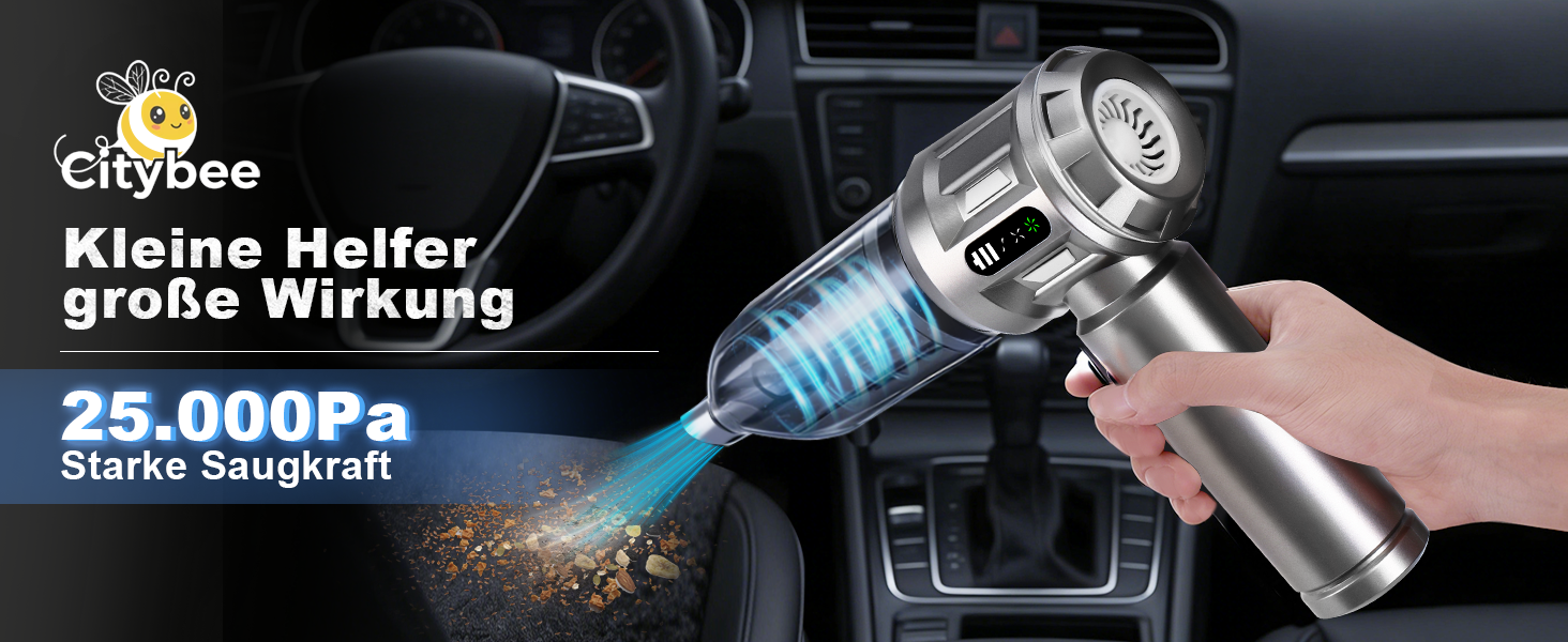 Акумуляторний ручний пилосмок Citybee 4 в 1, бездротовий міні-пилосмок для авто та дому, 25000Па, безщітковий двигун, 3 режими потужності, сріблястий