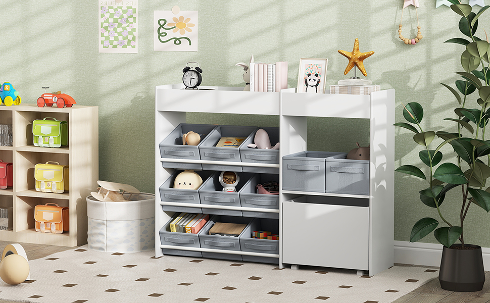 Дитяча полиця AIYAPLAY з 11 ящиками для зберігання, книжкова полиця для дітей, органайзер іграшок, полиця для дитячої кімнати з верхніми секціями, 3 наклейки для дитячої кімнати/садочка, 105 x 30 x 80 см, білий