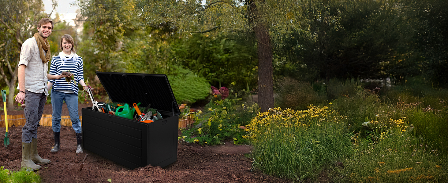 Універсальний садовий ящик-скриня Columba 490 л з кришкою - вуличний шафа, лавка зі зберіганням, контейнер для подушок, садовий будиночок, ящик для інструментів - чорний