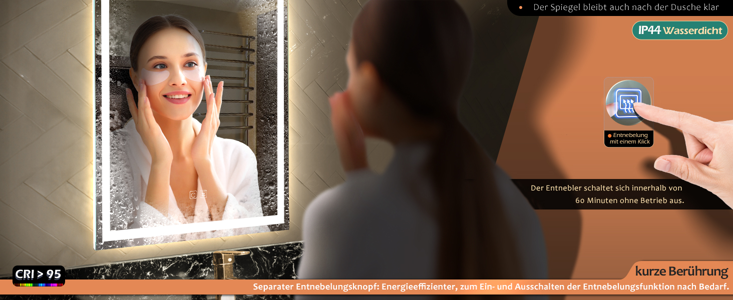 Дзеркало для ванної кімнати LED з підсвічуванням, комодне дзеркало для макіяжу, настінне, 6500K, антитуманне, IP44, 90 x 60 см