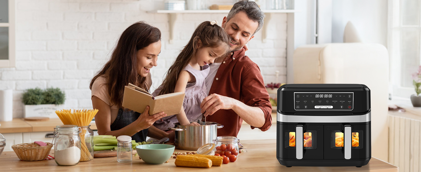 Подвійна фритюрниця без олії з 2 камерами, 10л, 8-в-1, сенсорний екран, таймер, XXL