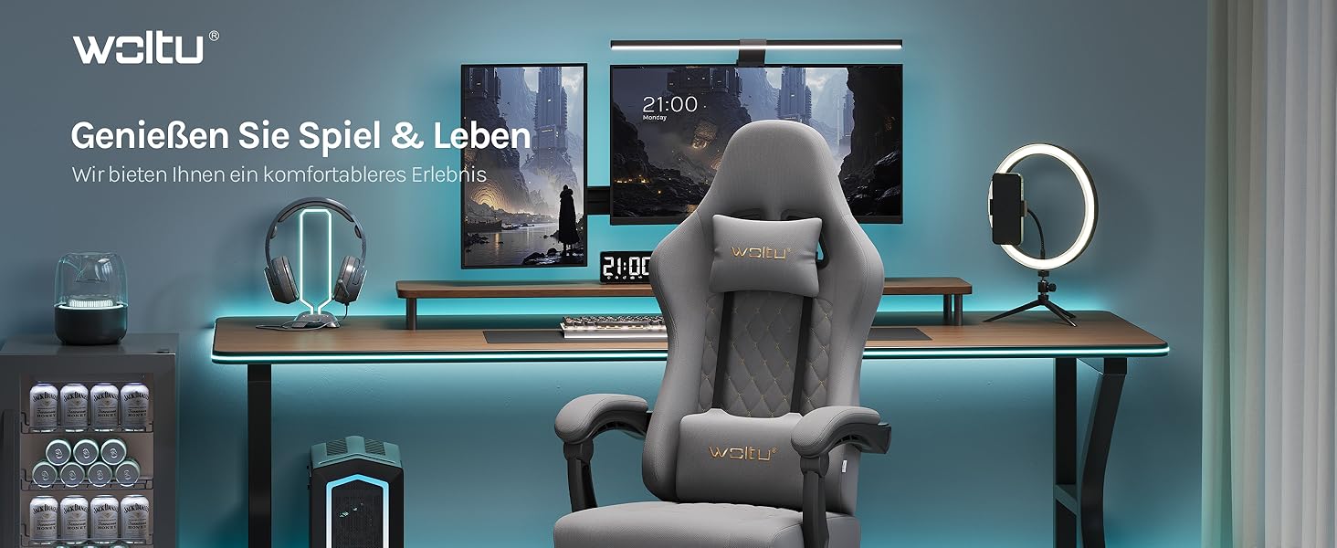 Ігровий крісло WOLTU з масажем, комп'ютерне ергономічне крісло, кишенькові пружинні подушки, масаж попереку, підголовник, підніжка, поворотне крісло, 150 кг, сітчаста тканина, сірий+жовтий