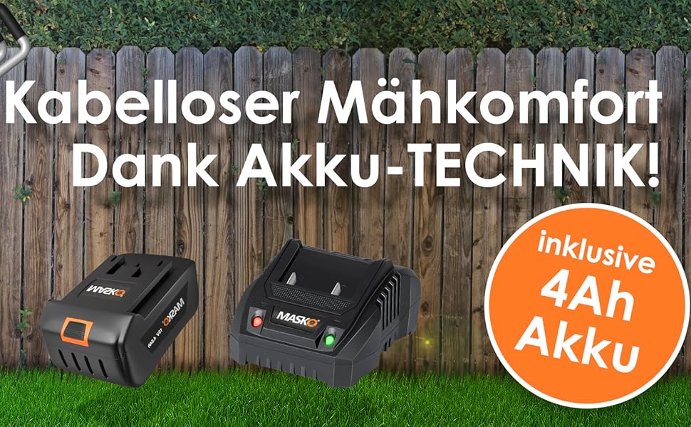 Акумуляторний газонокосарка MASKO з функцією мульчування, 2 акумулятори Li-Ion 4Ah, подвійний зарядний пристрій, триммер, ширина косіння 37 см, 6 положень висоти, кошик 40 л, площа до 600 м², в комплекті рукавички та щітка (ширина косіння 33 см, чорний/помаранчевий)