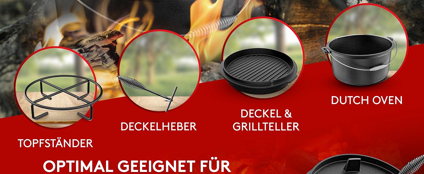 Набір чавунного казана BBQ Dutch Oven [Das Original] 10,8 л з підставкою, кришкою-грилем 2,2 л, піднімачем та електронною книгою