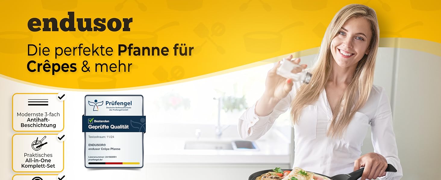 Крейпниця з індукційним дном 26 см з 3-шаровим антипригарним покриттям + лопатка та розподільник з буку (Німеччина) - для всіх типів плит (без PFOA та PFOS)