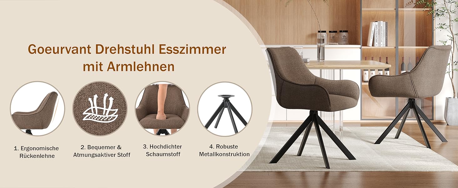 Обідні крісла поворотні 6 шт. з підлокітниками – 360° обертання, м'яке крісло з льону, сучасний поворотний стіл для кухні з металевим каркасом та спинкою для їдальні, вітальні, офісу, коричневий. 6 шт.