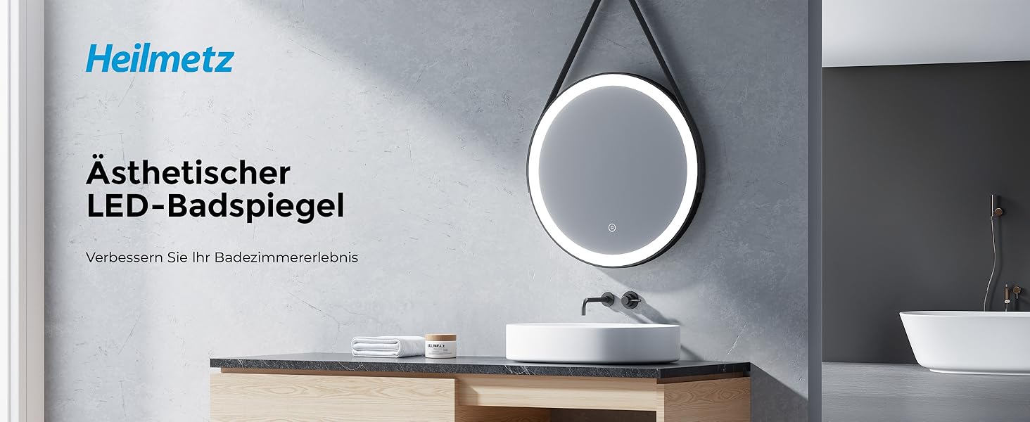 Круглий дзеркало для ванної кімнати з підсвічуванням 60см, LED дзеркало з регулюванням яскравості, сенсорне керування, чорна рама, знімна стрічка, 6500K (холодне світло)