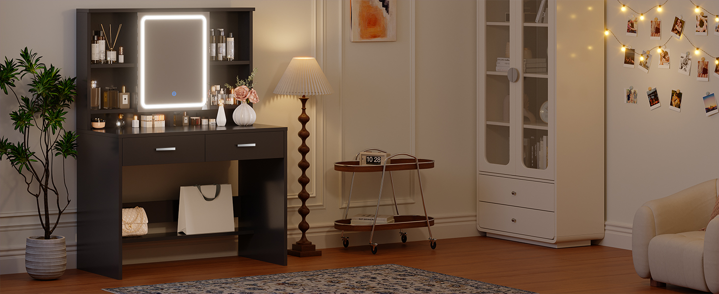 Дзеркальний туалетний столик JUMMICO з LED-підсвічуванням, 2 шухляди, 4 полиці, білий (чорний)