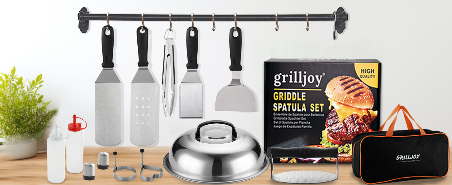 Набір аксесуарів для гриля та планчі Grilljoy з нержавіючої сталі, 28 предметів, для бургерів та барбекю (Помаранчевий)