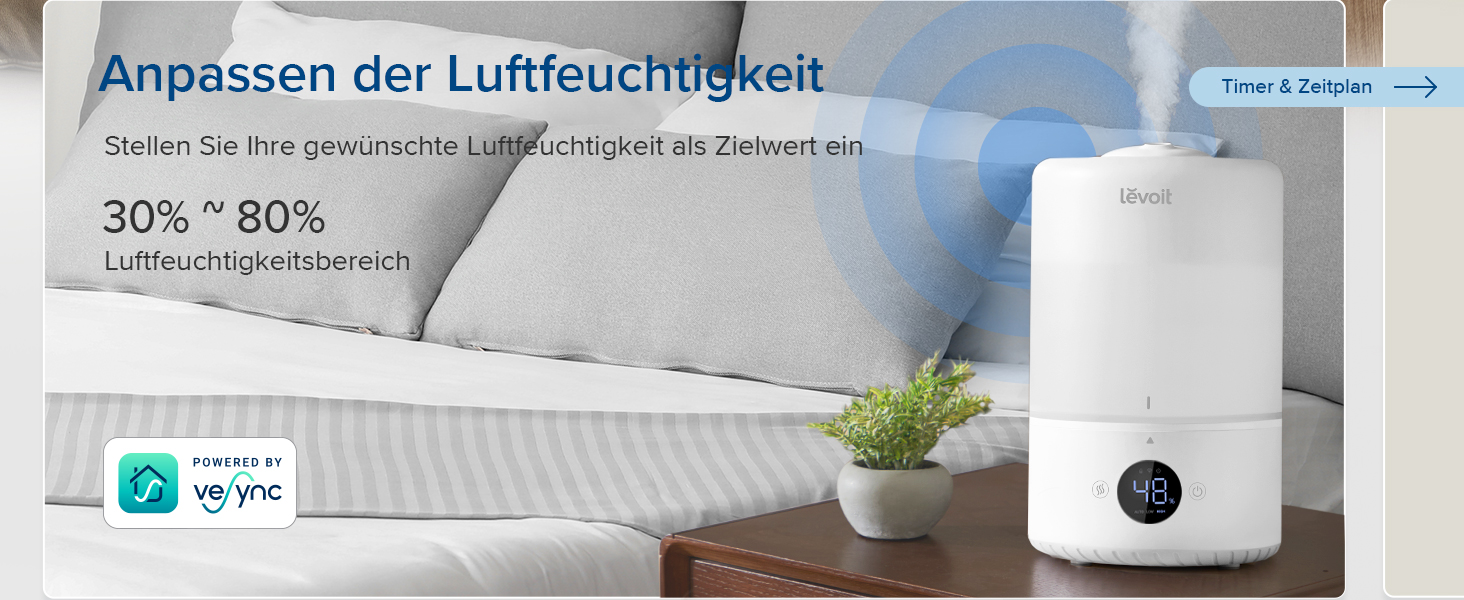 Зволожувач повітря Levoit Smart для спальні та дитячої кімнати, 3 л, кремовий. З сенсором вологості, тихий (20 дБ), з обертовою насадкою 360° для рослин.