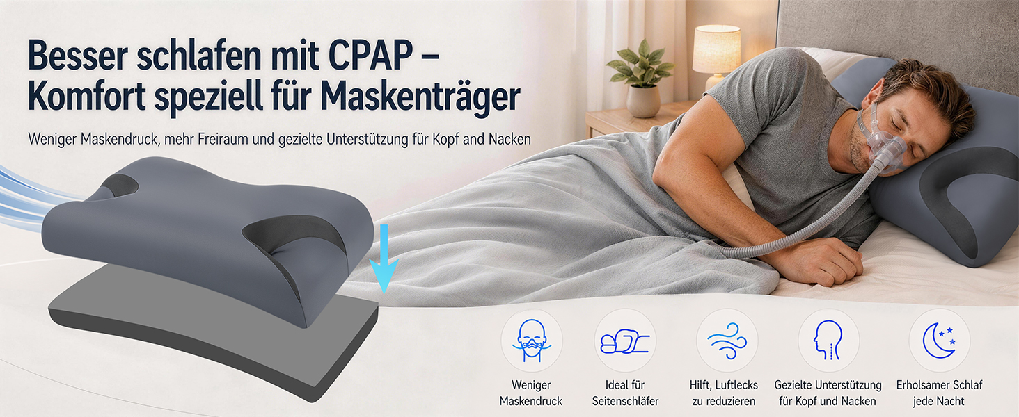 Регульована подушка для CPAP-терапії з ефектом пам'яті (Memory Foam) для сну на боці та спині, ергономічна ортопедична подушка під маску з вийманим вставкою, розмір Large