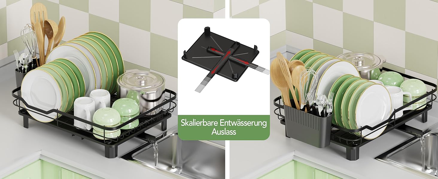 Сушарка для посуду ROTTOGOON розширювана, нержавіюча сталь, з висувним носиком та відділенням для столових приладів, чорна (1-рівнева)