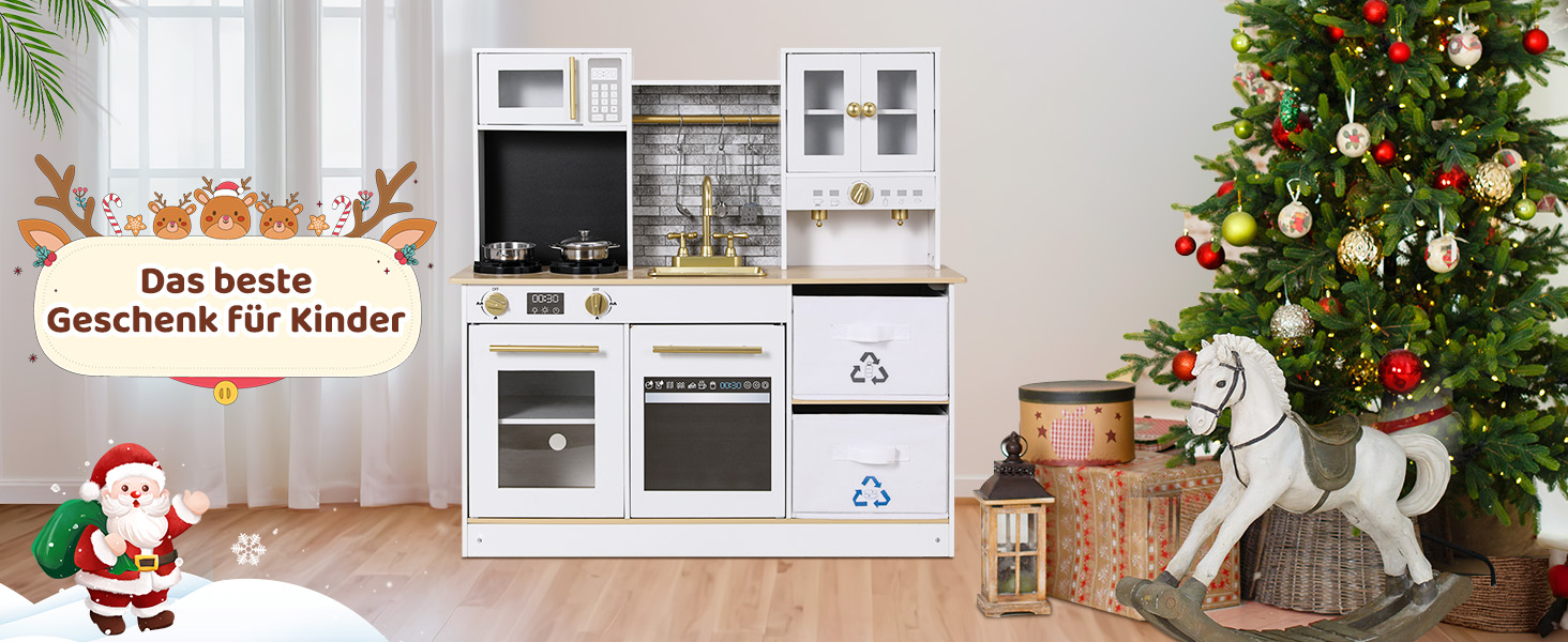 Дерев'яна дитяча кухня MAMIZO з підсвіткою та звуком, 90x30x90 см, з аксесуарами та 2 ящиками для зберігання, іграшка для дітей від 3 років, білий колір