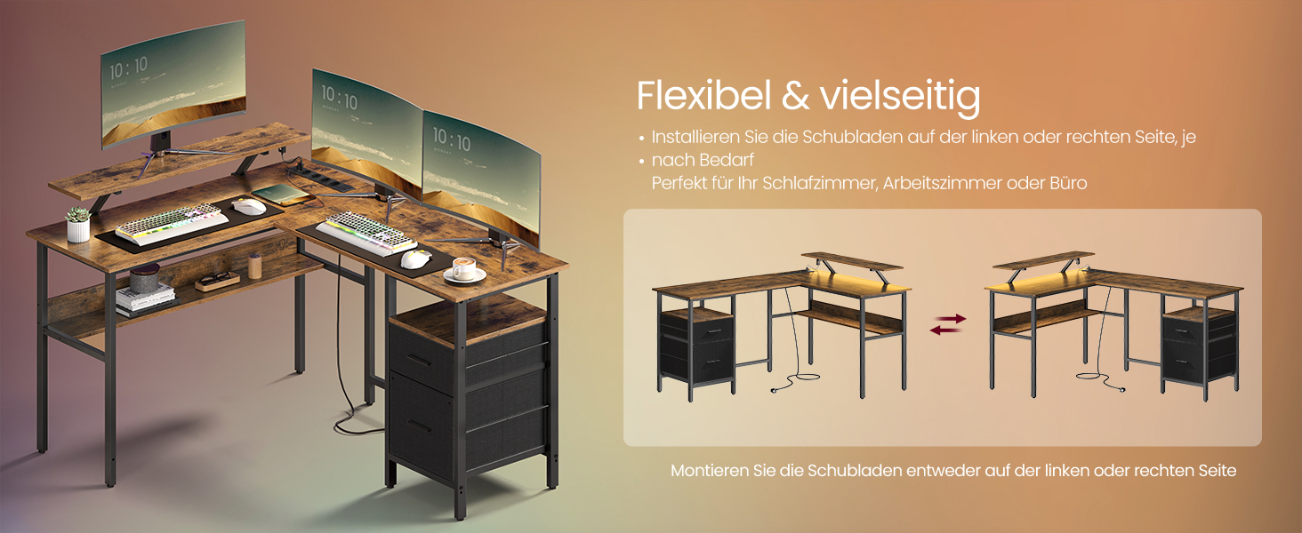 Комп'ютерний стіл VASAGLE L-подібний з розетками, LED-підсвічуванням та USB-портами, 150 x 120 x 76 см, для дому та офісу, вінтажний колір