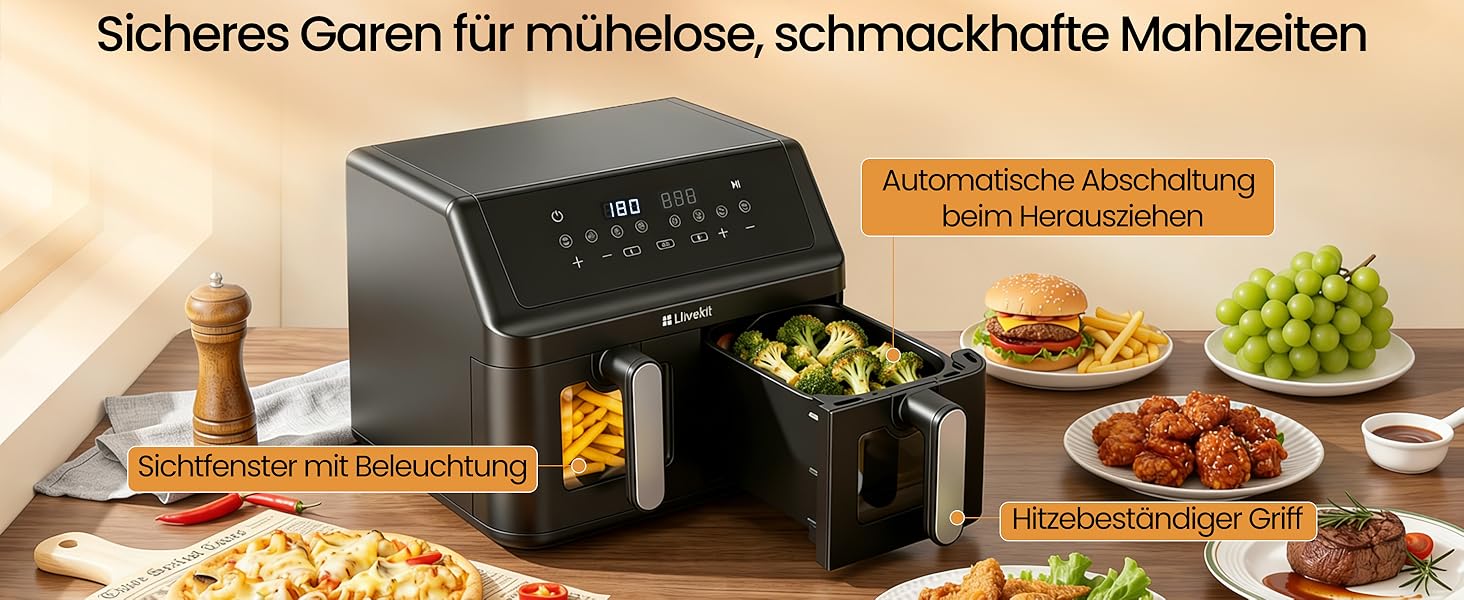 Аерофритюрниця LLIVEKIT 9L з двома камерами (2x4.5L), 8 програм, 4D конвекція, функція Sync-Finish, енергоощадна, PFOA-free, чорна