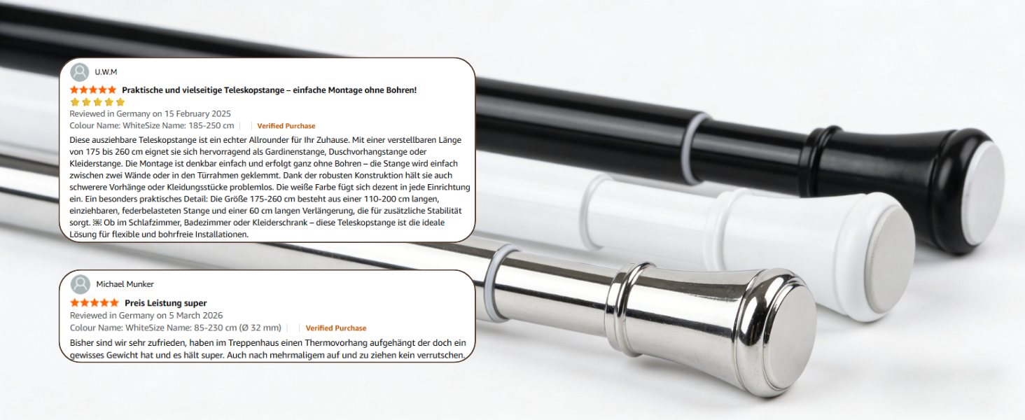 Телескопічний карниз для штор без свердління та гвинтів, розсувна штанга для ванної кімнати та гардероба, біла, 85-265 см (Ø 32 мм)