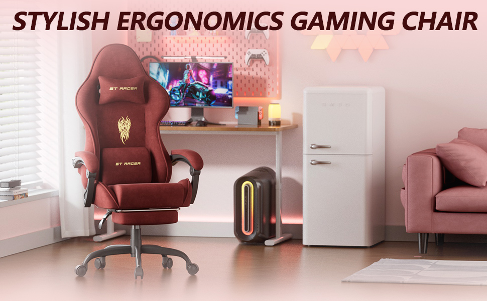 Ігровий крісло Ferghana Ergonomisch, комп'ютерне крісло з регульованою підголівником та поперековою подушкою, з підніжкою, для геймерів (червоний)